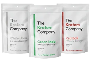 The Kratom Company powder pouches – White Horn, Green Indo, Red Bali