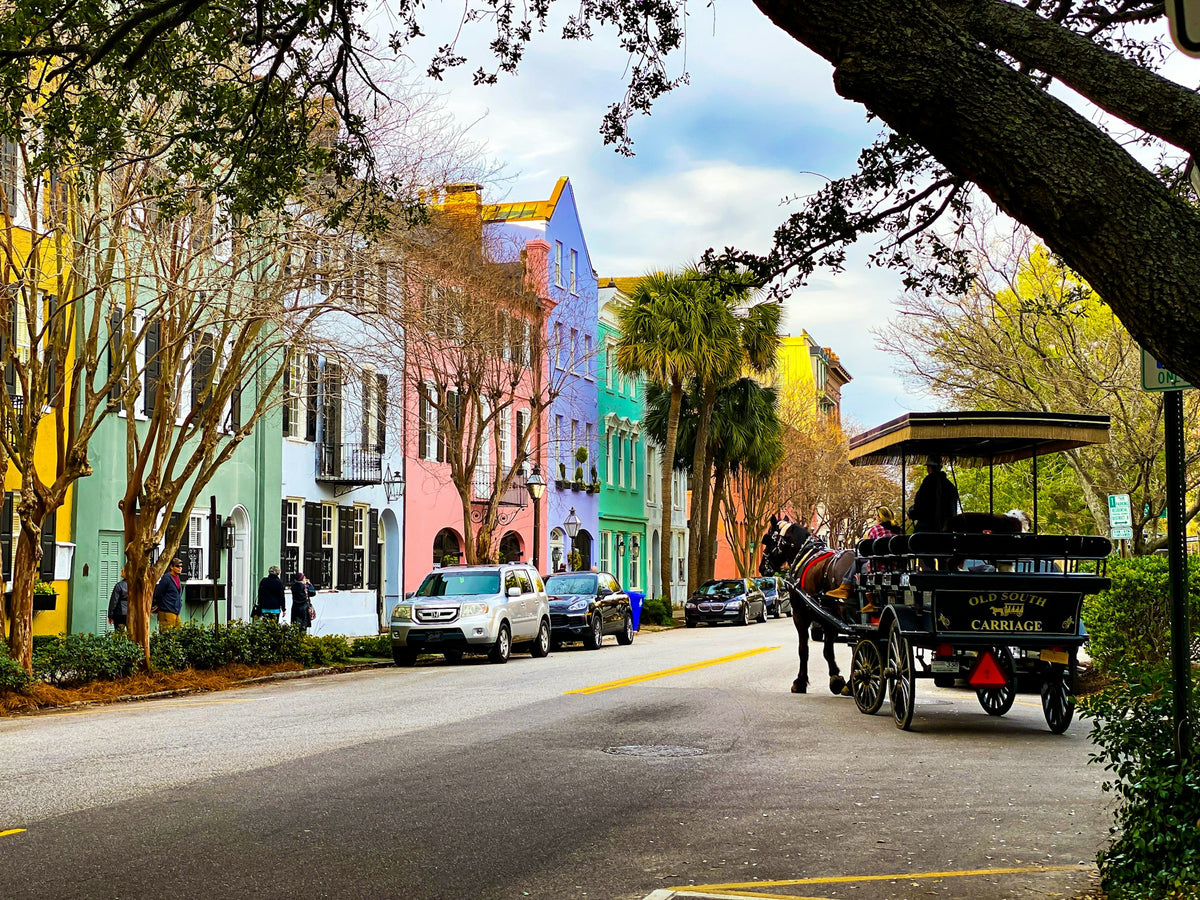 Historic Charleston street with colorful homes and horse carriage, representing local options for where to buy kratom in South Carolina